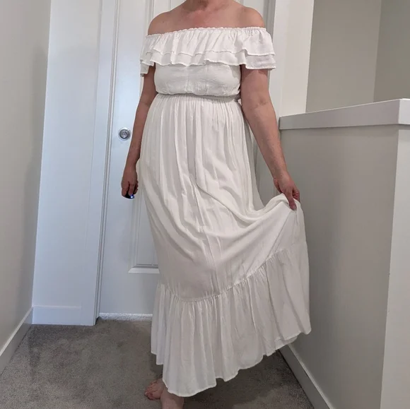 White Off-Shoulder Ruffle Maxi Dress | Elastic Waist & Tiered Hem - Picture 1 of 9